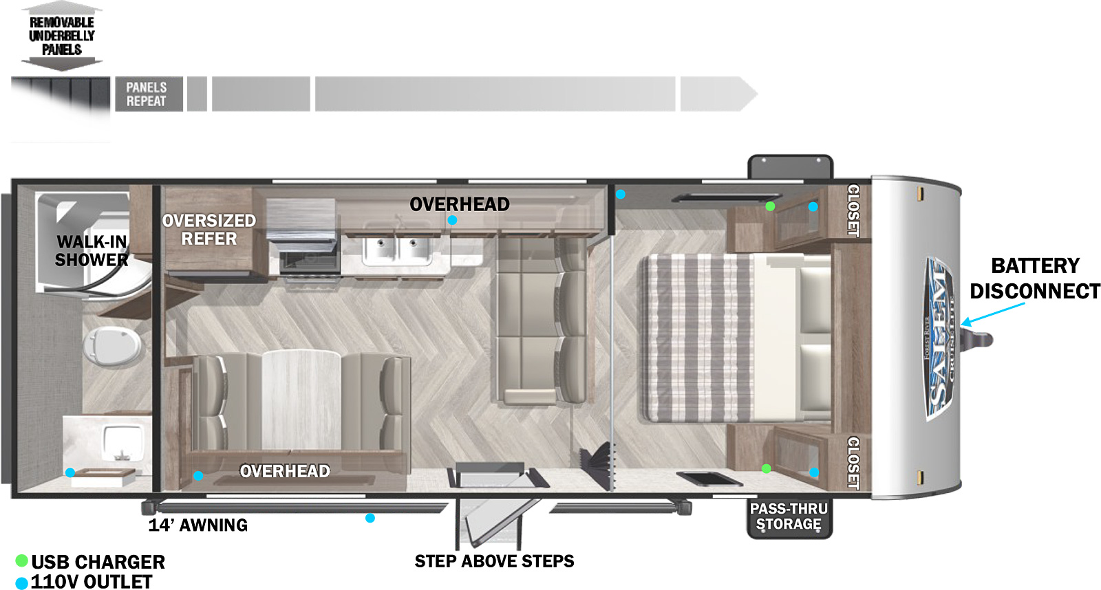 The 241QBXL is a no slide floorplan. The outside features a 14 foot electric power awning. The front of the unit features a bedroom with curtain divider. Next to the bed on both sides are closets that have CPAP storage. In the middle of the unit, there is a sofa directly in front of the entry and next to the kitchen. The dinette is on the camp side of the floorplan and it features storage below, overhead storage, and a camp side window. On the opposite side of the dinette is the kitchen. The kitchen features a refrigerator, over, sink, and overhead storage. In the back of the floorplan is the bathroom with a walk-in shower, toilet, and sink with linen storage below.