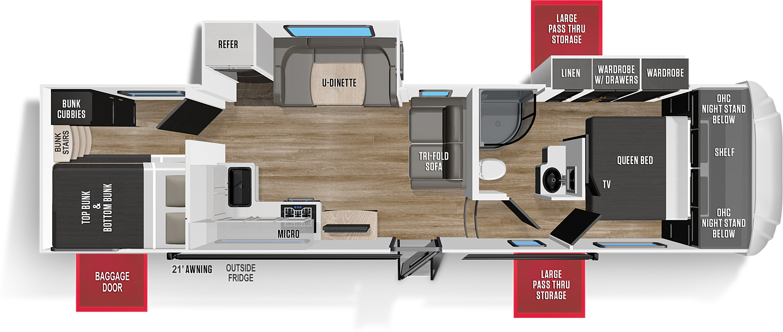 The Wildcat 297BH floorplan exterior sports a 21 foot electric power awning. It also features an outside refrigerator on the door side. This floorplan has two slide outs. Located toward the center of the RV, the entry door leads to a living area on the left and steps leading to a hallway on the right. In the living area on the off-door slide out, is a refrigerator to the left and a U-dinette to the right. A tri-fold sofa is in the front of the living area. In the rear of the living area, by the off-door side is a door leading to the bunkhouse. Steps on the door side of the living room lead to a hallway with the bathroom to the left and the bedroom straight ahead. On the door side of the living area, is an entertainment center. To the rear of that, is an L-shaped Counter top with a stove and sink. A microwave is above the stove area. Overhead cabinets are above the remaining countertop area. Located in the rear of the RV, the bunk house has top and bottom bunks on the door-side and bunk cubbies on the off-door side. A set of bunk stairs is against the rear wall between the bunk beds and the cubbies. The front of the RV features a bathroom with a shower, toilet, sink, linen storage and sliding door to the bedroom. The bedroom houses a front queen bed with nightstands and wardrobes on either side. 