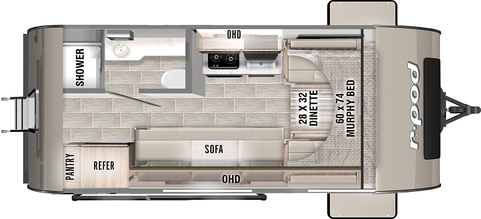 r-pod RP-153 floorplan. The RP-153 has no slide outs and one entry door.