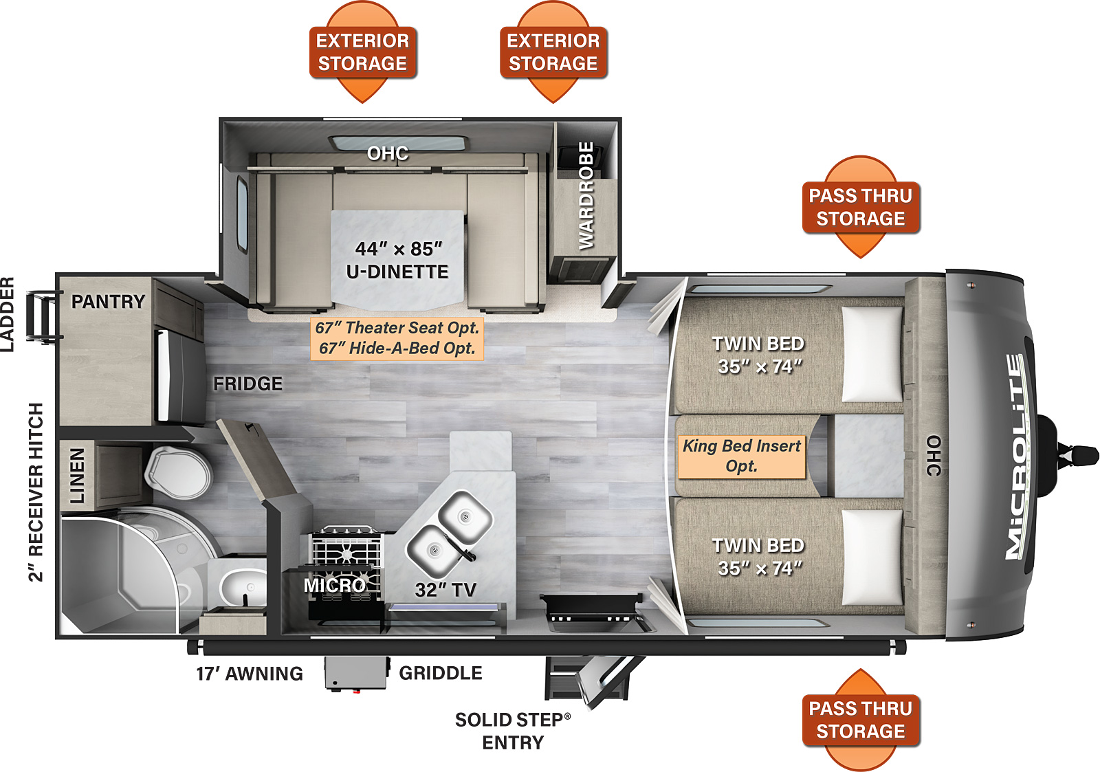 The 22TBS has one slide out on the off-door side, along with one entry door. Exterior features include a 17 foot awning, front pass thru storage, off-door side exterior storage, griddle, rear ladder, and 2 inch receiver hitch. Interior layout from front to back: front bedroom with two twin beds (king bed insert optional), and overhead cabinets; off-door side slide out containing a U-dinette (theater seating or hide-a-bed optional) and a wardrobe; kitchen living area with TV, double sinks, stove, and microwave; bathroom, refrigerator, and pantry in the rear.