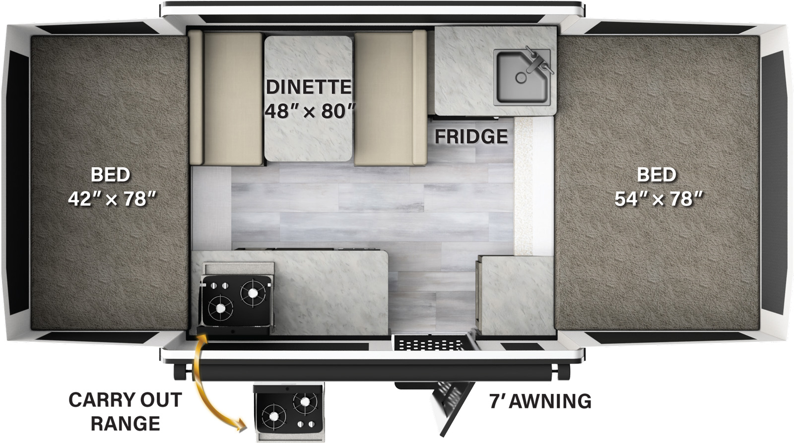 The 1640LTD has no slide outs and one entry door. Exterior features include a 7 foot awning and a carry out range; Interior layout from front to back: tent bed; kitchen area with sink, refrigerator, dinette, two cabinets, and a door top stove; rear tent bed.