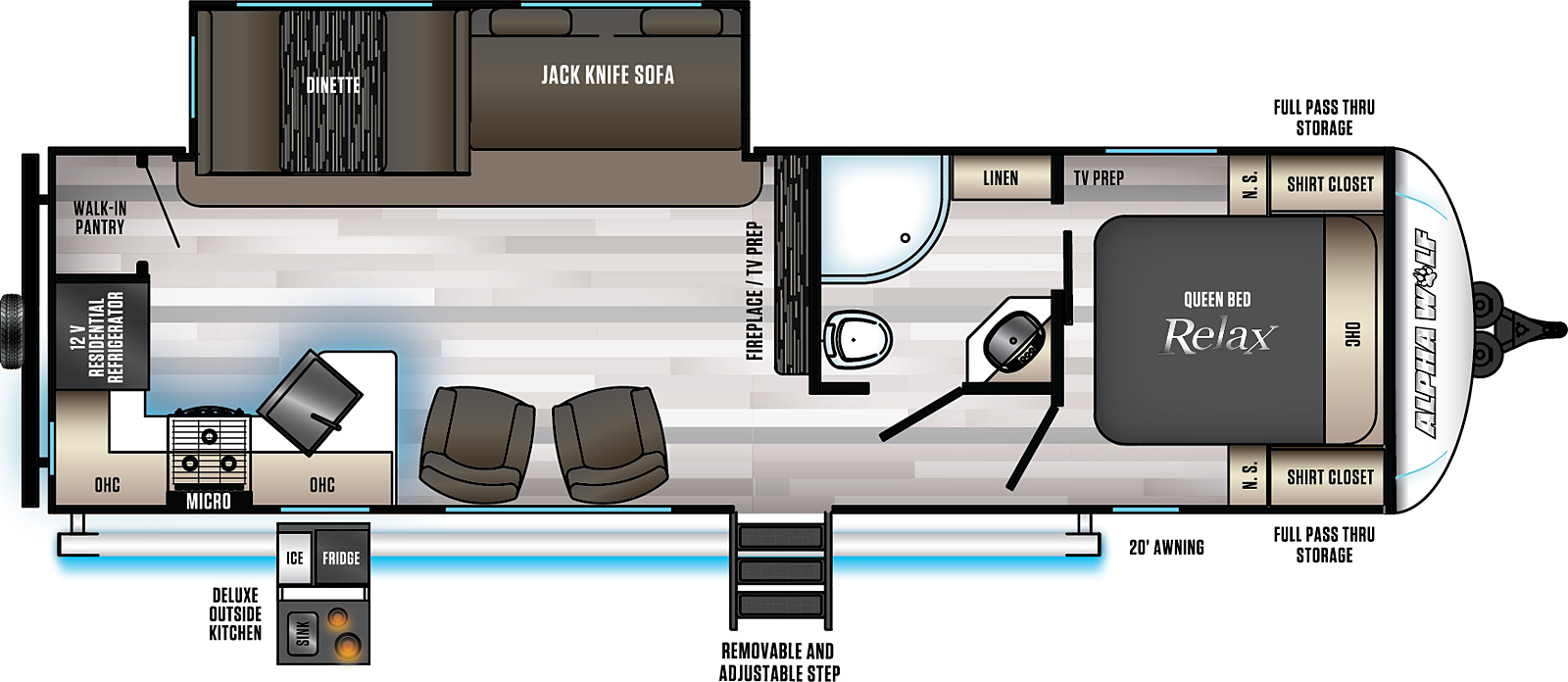 The 27RK- L has one slide out on the off-door side and one entry door. A 20 foot awning starting from the rear covers the deluxe outside kitchen and entry door. There is a full pass through storage at the front of the travel trailer. Interior layout from front to back: front bedroom with foot facing queen bed; Side aisle pass through bathroom; living area with fireplace, TV prep, two recliners on the door side and a off-door side slide out containing a dinette and jackknife sofa; rear kitchen with L shaped counter on back wall and rear wall walk-in pantry.