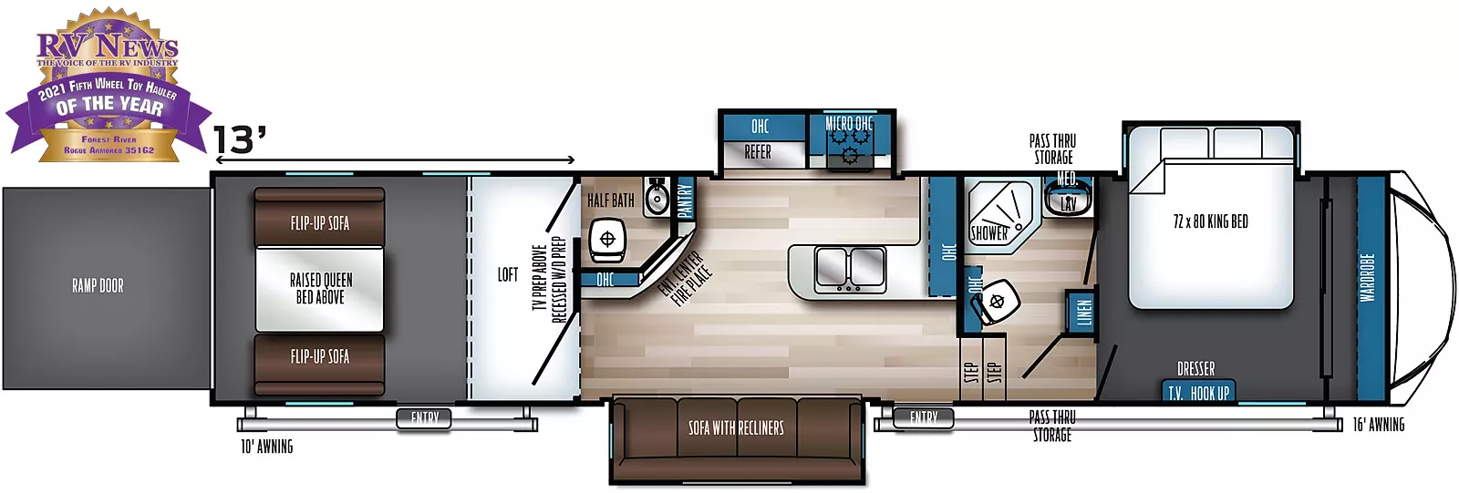 The 351G2 has three slideouts and two entries. Exterior features pass-through storage, rear ramp door, and 10 foot and 16 foot awnings. Interior layout front to back: front bedroom wardrobe, off-door side king bed slideout and door side dresser with TV hookup; off-door side full pass-through bathroom with medicine cabinet, linen closet and overhead cabinet; steps down to entry and main living area; peninsula kitchen counter with sink and overhead cabinet wraps to inner wall; off-door side slideout with cooktop, microwave, overhead cabinet, and refrigerator; door side sofa with recliners slideout; pantry, entertainment center with fireplace, and overhead cabinet along inner wall; rear garage with half bathroom, loft, TV prep above recessed washer/dryer prep, second entry, and opposing flip-up sofas with raised queen bed above.
