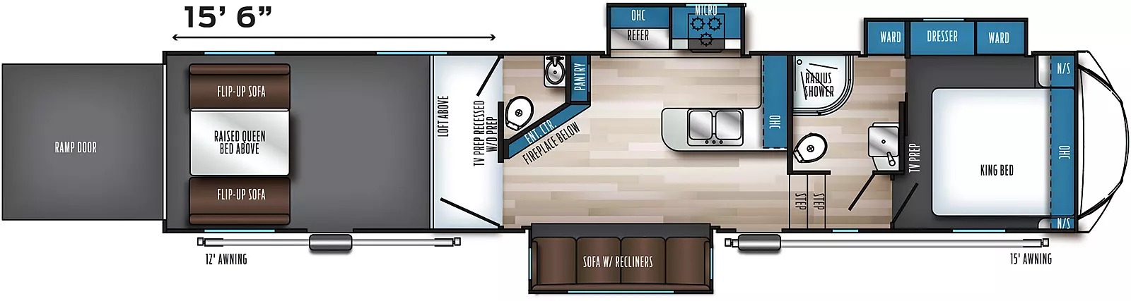 The 383G2 has three slideouts and two entries. Exterior features a rear ramp door, and 12 foot and 15 foot awnings. Interior layout front to back: foot-facing king bed with overhead cabinet and nightstands on each side, off-door side slideout with wardrobes and dresser, and TV prep on inner wall at the foot of the bed; off-door side full pass through bathroom; steps down to main living area and entry; peninsula kitchen counter with sink and overhead cabinet wraps to inner wall; off-door side slideout with cooktop, microwave, overhead cabinet and refrigerator; door side sofa with recliners slideout; pantry and entertainment center with fireplace below along inner wall; rear garage area with half bathroom, loft, second entry, TV prep above recessed washer/dryer prep, and opposing rear flip-up sofas with raised queen bed above. Garage dimensions: 15 foot 6 inches from rear to half bathroom wall.