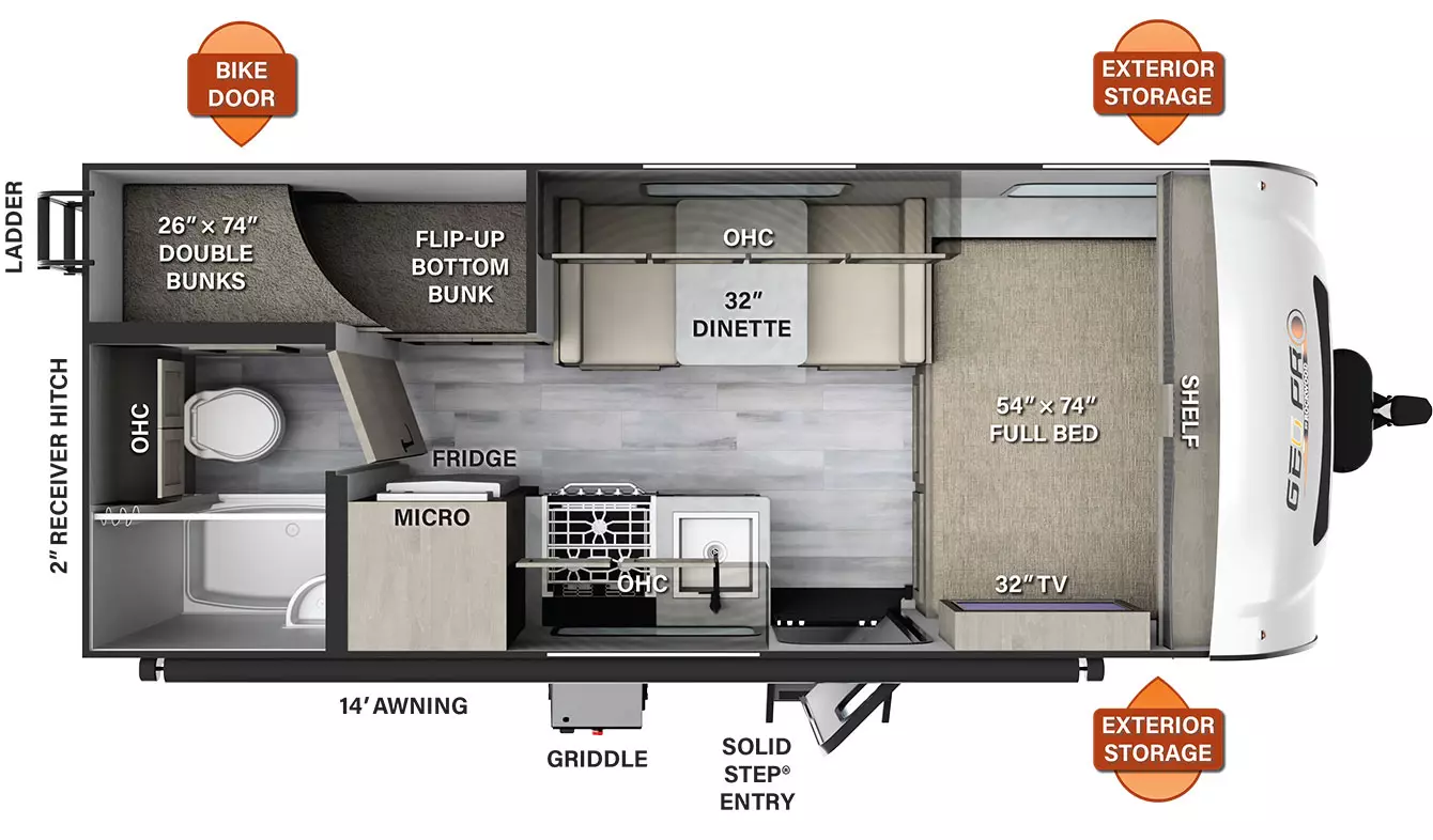 The G19BH has no slide outs and 1 solid step entry door on the camp side. Exterior features include exterior storage, an off-door side bike door, a rear ladder, and a camp side 13 foot awning. Interior layout from front to back: side facing 54x74 inch full bed with shelf, TV and overhead cabinet above; door side sink, stovetop, overhead cabinets, refrigerator and microwave; off-door side 32 inch dinette with overhead cabinet; off-door side rear 26x74 inch bunk with fold up bunk below; rear door side bathroom with shower, toilet and overhead cabinets.