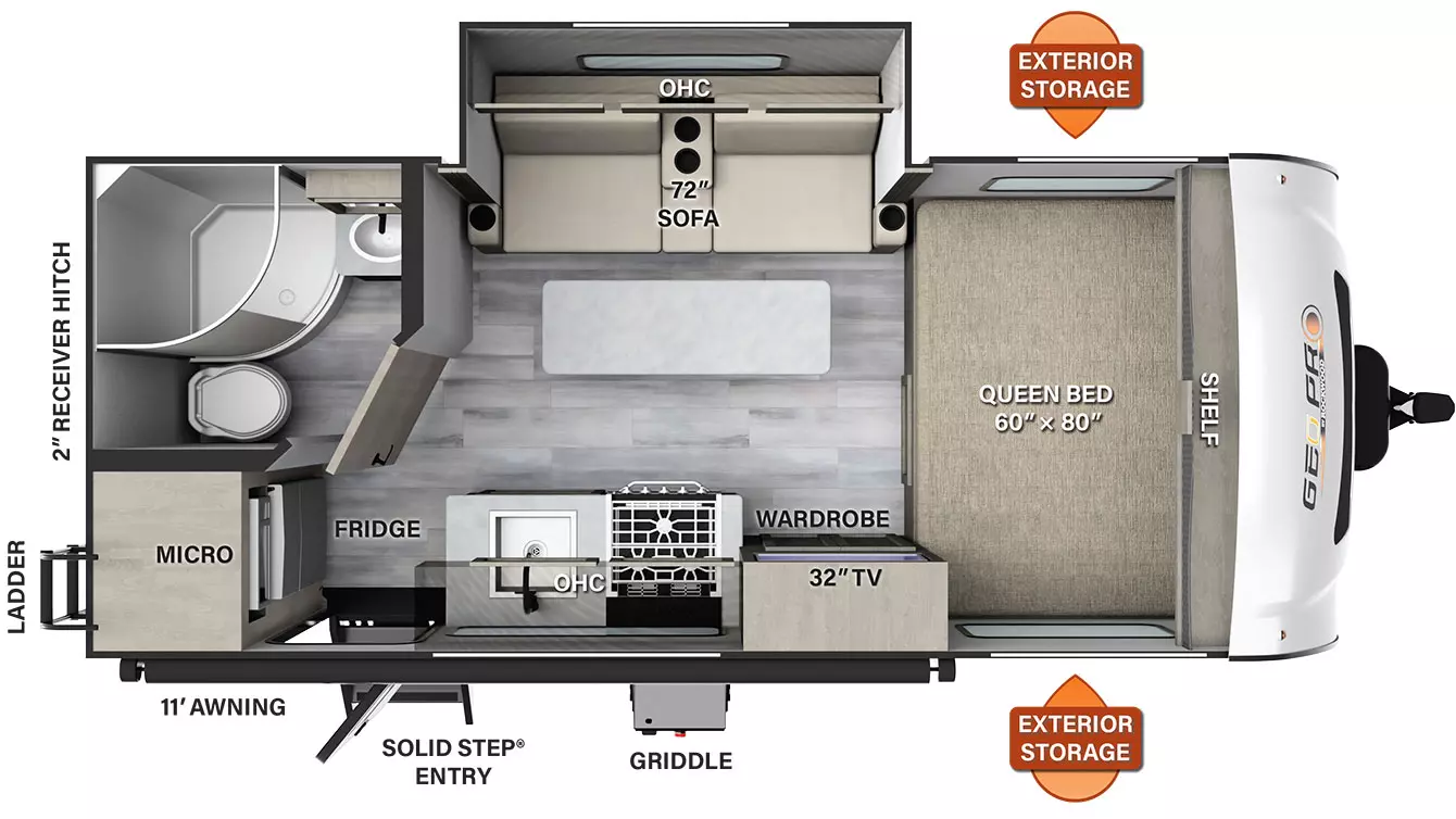 The G19FBS has one slide out on the off-door side and 1 entry door on the door side with solid entry steps. Exterior features include exterior storage, a rear ladder, and a door side 11 foot awning. Interior layout from front to back: front bedroom with side facing 60x80 bed with shelf above; off-door side slide out with 72 inch sofa, table and overhead cabinet; door side wardrobe with TV, stovetop, sink and overhead cabinet; rear refrigerator and microwave in door side rear corner; and a full bathroom in the off-door side rear corner.