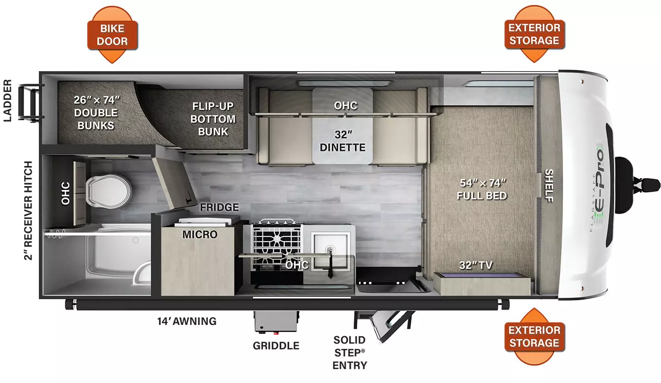 The E19BH has no slide outs and 1 solid step entry door. Exterior features include exterior storage, a rear ladder, and a door side 14 foot awning. Interior layout from front to back: front bedroom with side facing 54x74 inch full bed; kitchen dining area with off-door side dinette and door side kitchen countertop; full bathroom in door side rear corner; and 26" x 74" bunk beds in off-door side rear corner.