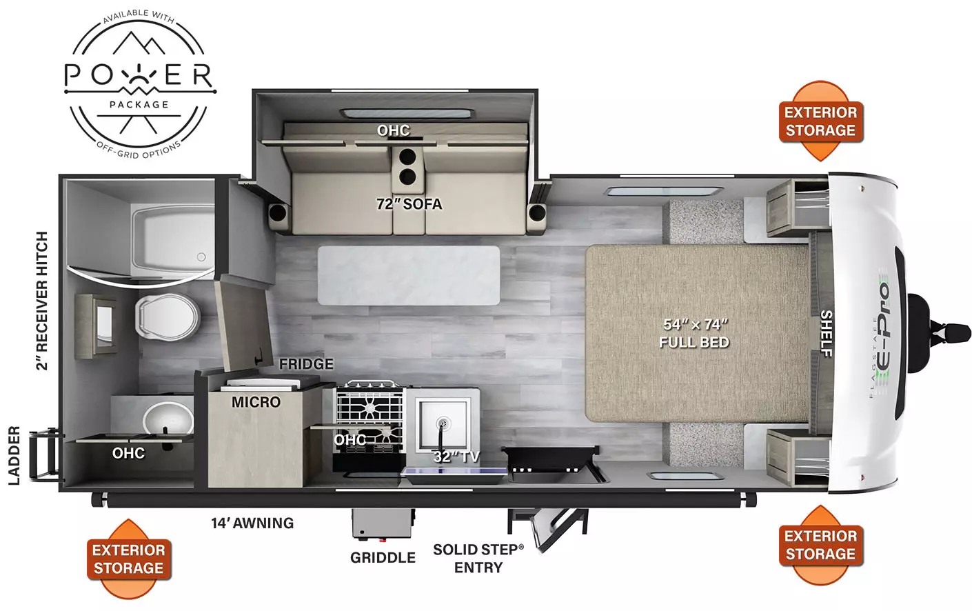 The E20FBS has 1 slide out and 1 entry door. Exterior features include exterior storage, a rear ladder, and a 14 foot awning. Interior layout from front to back: front bedroom with foot facing 54x74 full bed; off-door side slide out containing sofa; door side kitchen countertop with refrigerator, microwave, cooktop stove, overhead cabinet and single basin sink; and a full bathroom in the rear.