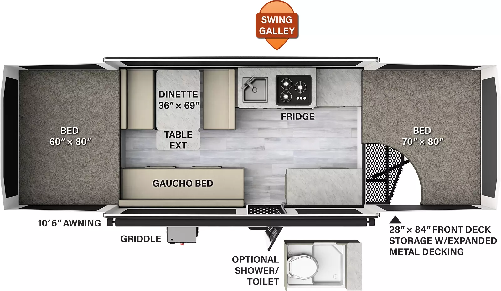 The 228BHSE has no slide outs and one entry door. Exterior features include a 10 foot 6 inch awning, griddle, and front deck storage with expanded metal decking. Interior layout from front to back: front tent bed; off-door side countertop, swing galley with cooktop, sink and refrigerator, and dinette with table extension; door side countertop, entry, and gaucho bed; rear tent bed. Optional shower/toilet available.