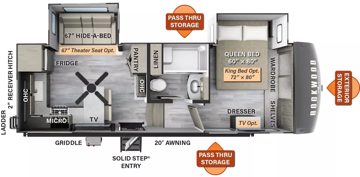 The 2442BS has two slide outs and one entry door. Exterior features include an 20 foot awning, exterior storage, griddle, rear ladder, 2 inch receiver hitch, and pass thru storage. Interior layout from front to back: front bedroom with an off-door side queen bed slide out, front wardrobe, shelves, and dresser (optional TV and king bed available); side aisle bathroom; kitchen living area with overhead cabinets, pantry, countertop with chairs; off-door side slide out containing hide a bed sofa (theater seating optional); double sink, overhead cabinets, and refrigerator in the rear. 