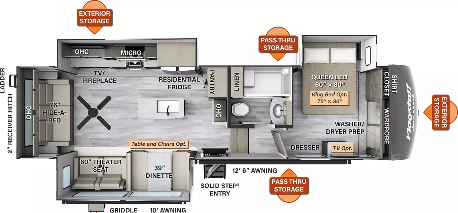 The 8529RLBS has three slide outs and one entry door. Exterior features include a 10 foot awning and a 12 foot 6 inch awning on the door side. Interior layout from front to back: off door side slide out queen bed, front wardrobe with washer/dryer prep, shirt closet, and dresser (optional TV and king bed); side aisle full bathroom; pantry, overhead cabinet, countertop, and island with sink; off door side slideout with residential refrigerator, microwave, cooktop, overhead cabinets, and entertainment center with TV and fireplace; door side slideout with dinette (optional table and chairs) and theater seat; hide a bed sofa, overhead cabinet and paddle fan in the rear.
