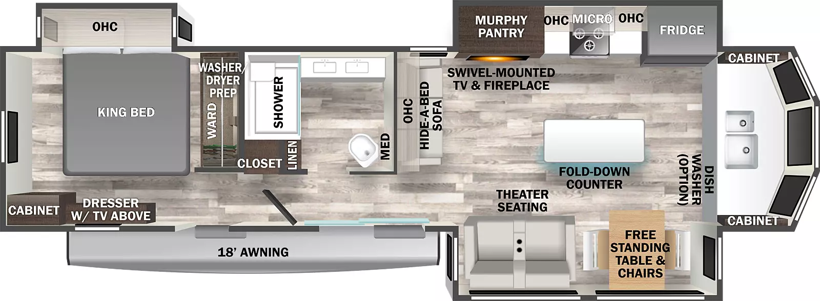 The 40CFK2 has three slideouts, and two entries. Exterior features include an 18 foot awning. Interior layout front to back: kitchen counter with sink and cabinets in front alcove with windows (dish washer optional); door side slideout with free-standing table and chairs and power theater seating; kitchen island with fold-down counter; off-door side slideout with refrigerator, microwave, stove, overhead cabinets, and murphy pantry behind swivel mounted TV and fireplace; interior wall with hide-a-bed sofa and overhead cabinets; sliding glass door entry; off-door side full bathroom with dual vanity sinks, medicine cabinet and linen closet; rear bedroom with closet, step entry, wardrobe with washer/dryer prep, off-door side king bed slideout with overhead cabinets, dresser with TV above, and cabinet.