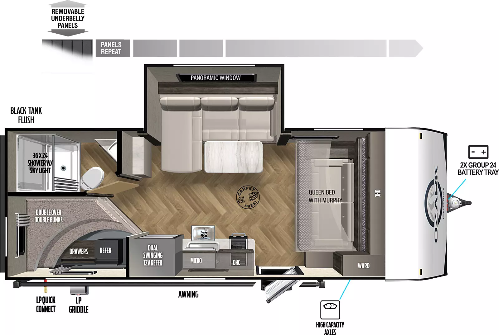The 1680BSK has one slideout and one entry. Exterior features include removeable underbelly panels, solar extended 200 watt power package, outside kitchen, quick drop stabilizer jacks, awning, and high capacity axles. Interior layout front to back: Queen murphy bed sofa with overhead cabinets and door side wardrobe; entry door; door side kitchen with overhead cabinet, cooktop, microwave, sink, dual swinging 12 volt refrigerator, and skylight; carpet free; off-door side slideout with panoramic window and dinette; rear door side double over double bunks; rear off-door side bathroom with shower with skylight.