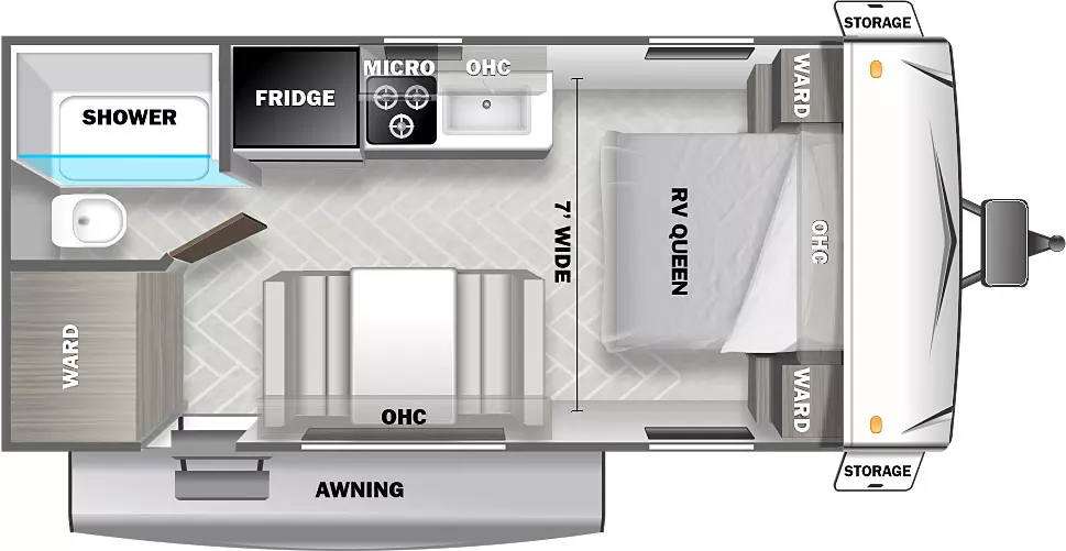 The 177FQ has zero slideout and one entry. Exterior features front storage, and an awning. Interior layout front to back: RV Queen bed with overhead cabinet and wardrobes on each side; door side dinette with overhead cabinet, and entry door; off door side kitchen counter with sink, overhead cabinet, microwave, cooktop and refrigerator; off-door side rear bathroom with shower and toilet only; door side rear wardrobe.