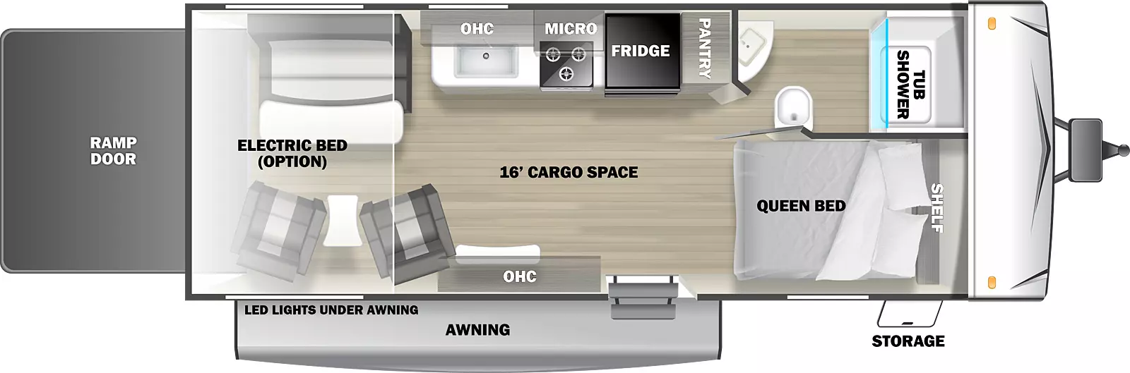 The Sandstorm 186 Toy Hauler has one entry door, one rear ramp door and an electric power awning. It has sixteen feet of cargo space. Exterior storage is toward the front of the RV. The entry door opens into the living area. Directly to the left of the entry door are overhead storage compartments. To the left of the overhead storage compartments are two chairs with a table in the middle. A ramp door forms the rear wall of the RV. On the off door side, opposite the two chairs, is a flip sofa with a table. A kitchen area is in the front off door corner of the living area. The kitchen has a countertop with a sink and a stove. Overhead storage is above the sink and a microwave is above the stove. A refrigerator is to the right of the countertop. A pantry is to the right of the refrigerator. A bathroom is in the front off door corner of the RV. The bathroom has a sink, a toilet, and a tub shower. The front door side corner has a full bed with a shelf above it.