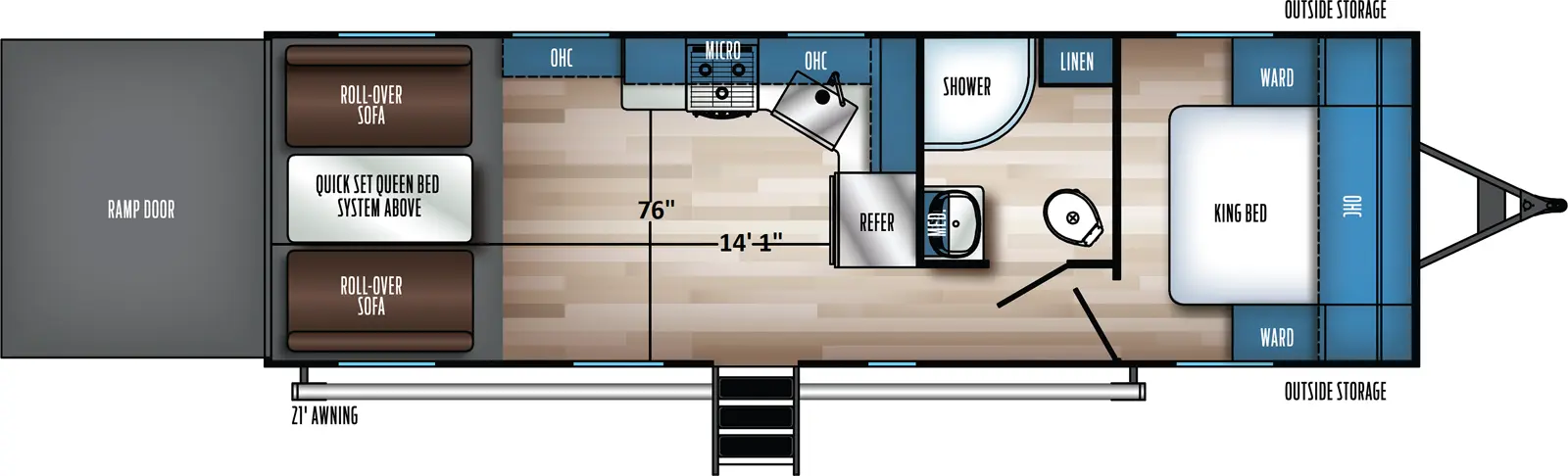 The 25SUT has one entry and zero slideouts. Exterior features front outside storage, 21 foot awning, and rear ramp door. Interior layout front to back: foot-facing king bed with overhead cabinet, and wardrobes on each side; off-door side full bathroom with linen closet and medicine cabinet; door side entry; refrigerator and kitchen counter with overhead cabinet frap from inner wall to off-door side with sink, microwave, and cooktop; rear opposing roll-over sofas with table, and quick set queen bed system above.
