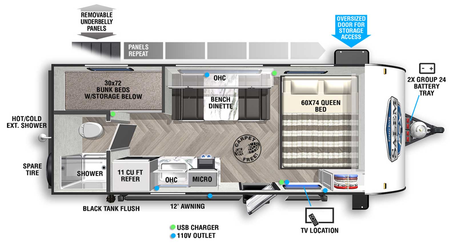 Salem FSX 177BH floorplan. The 177BH has no slide outs and one entry door.