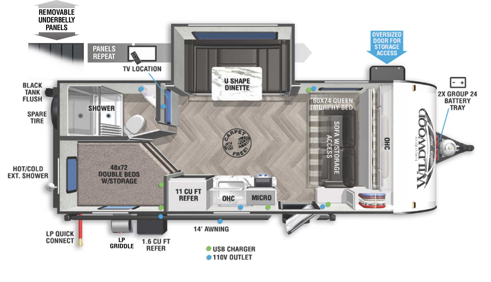 The Wildwood FSX 178BHSK floorplan is great for a small family. The outside sports a 14 foot electric power awning, an LP griddle, and a 1.6 cubic foot refrigerator. The entrance leads right into the living area. In the off-door side slide out is a standard U-shape dinette. On the opposing side, door side, is the kitchen. The kitchen has an 11 cubic foot refrigerator, stove, microwave, and sink with a kitchen window above it. Up front is a 60” by 74” Queen Murphy bed with sofa and storage access beneath. A rear off-door side bathroom includes a walk-in shower, toilet, and sink. In the rear door side are the 48” by 72” double bunk beds with storage beneath.