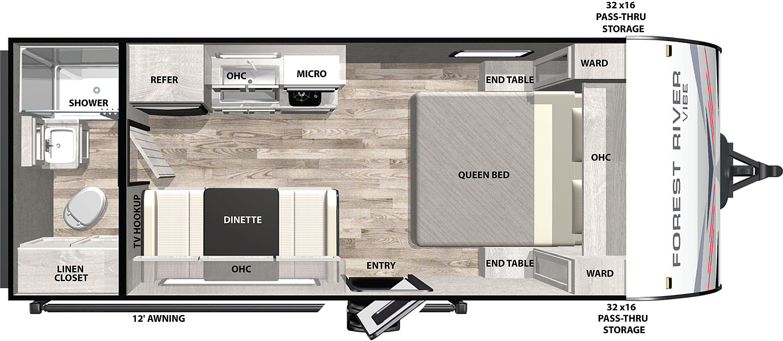 Vibe West 16RB floorplan. The 16RB has no slide outs and one entry door.