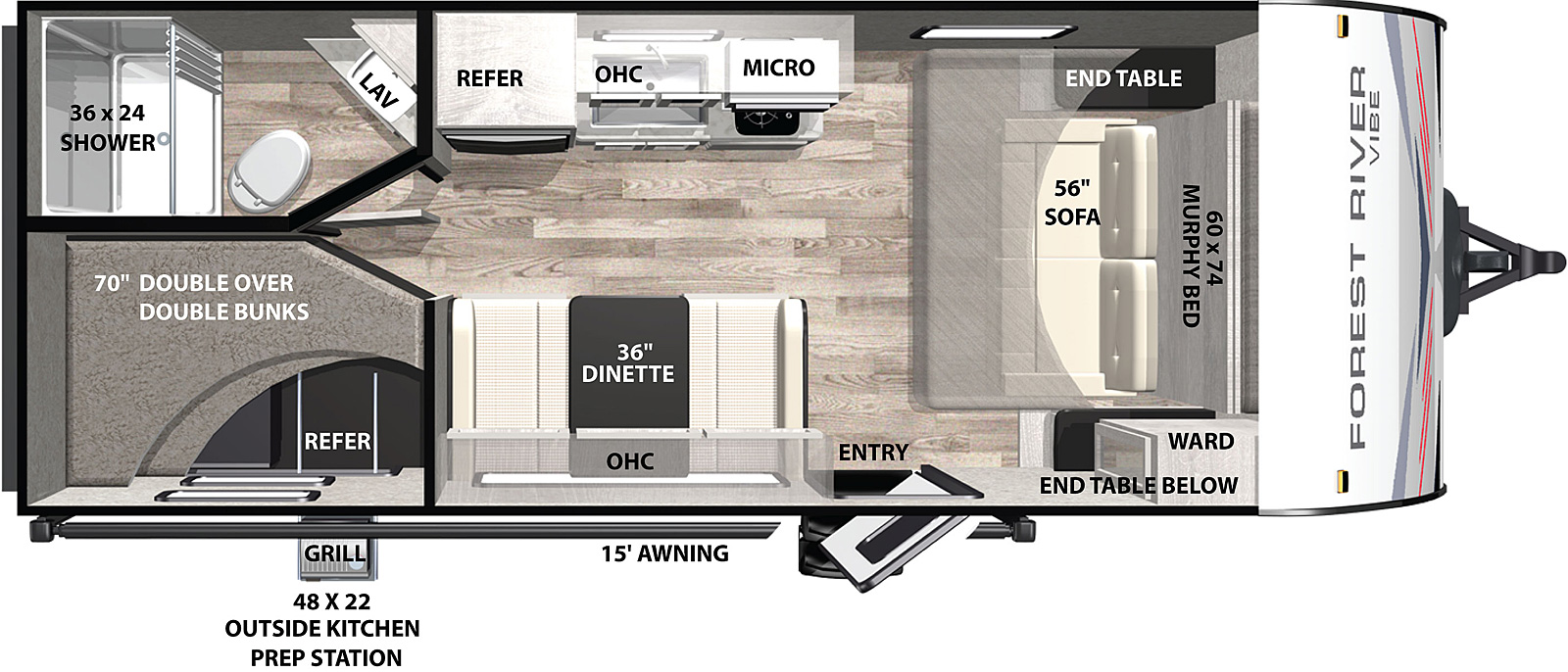 Vibe West 17DB floorplan. The 17DB has no slide outs and one entry door.