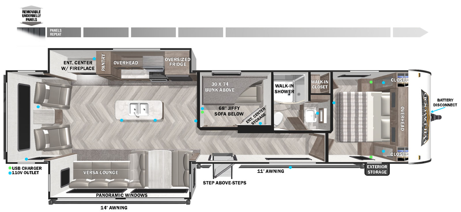 The 34MBS is a middle bunk floorplan with opposing dual slide outs in the rear of the floorplan. The outside features two electric power awnings, one that is 14 feet and the other is 11 feet. Entering one will run right into the mid-bunk that features a top bunk, jiffy sofa, and entertainment center. Just past the mid-bunk towards the front is the bathroom that features a walk-in shower, toilet, seat, and linen storage. To the back of the rv is the double slide out area. On the camp side is a slide out with a dinette and Versa-Lounge. The Versa-Lounge provides the option for an eight foot chaise lounge or traditional dinette and sofa. The opposing slide out includes the kitchen and entertainment center. The kitchen features an oven, microwave, refrigerator, and large pantry. In between the slide outs is the kitchen island with dual basin sink and storage below. The entertainment center is across from the Versa-Lounge and it features an electric fireplace, soundbar, and TV back prepped to mount a TV. In the very rear of the floorplan are two recliners. In the very front of the floorplan is the bedroom that features a slide out that has an east to west style custom king bed. The bedroom has features underbed storage, overhead storage, walk-in closet, and closets next to the front of the bed with CPAP storage.