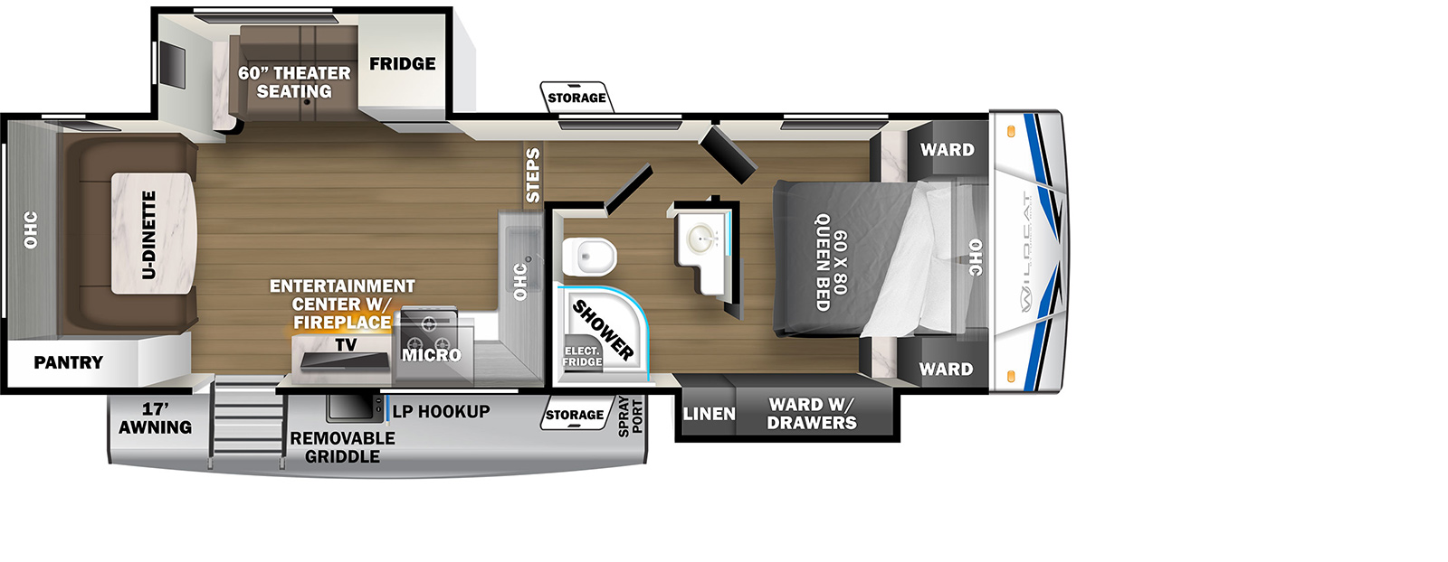 The Wildcat 260RD floorplan exterior sports a 16 foot electric power awning. Located toward the rear of the RV, the entry door leads directly to a living area. In the living area on the off-door slide out, is a 60” theater sofa to the left, a refrigerator in the center and a pantry to the right. Steps on the off-door side of the living room lead to a hallway with the bathroom to the right and the bedroom straight ahead. In the front of the living area on the doorside, is an L-shaped Counter top with a stove and sink. A microwave is above the stove area. Overhead cabinets are above the remaining countertop area. On the doorside, directly to the right of the entry door is a TV that sits on top of a set of drawers. The rear of the living area features an 80” U-Dinette with end tables on either side and overhead cabinets above. The front of the RV features a bathroom with a shower, toilet, sink, linen storage and sliding door to the bedroom. The bedroom houses a front queen bed with nightstands and wardrobes on either side. 