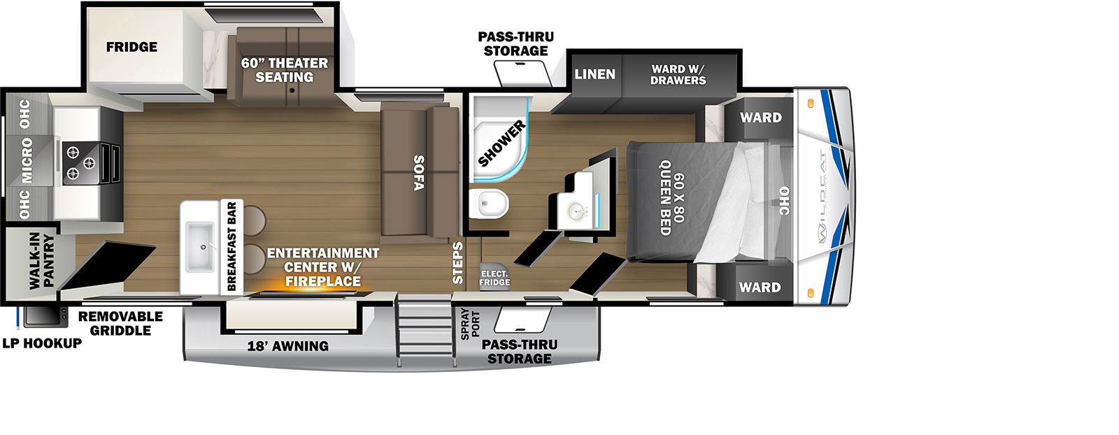 The Wildcat 271ML floorplan exterior sports a 20 foot electric power awning. It also features an outside kitchen on the door side. This floorplan has two slid eouts. Located toward the center of the RV, the entry door leads to a living area on the left and steps leading to a hallway on the right. In the living area on the off-door slide out, is a refrigerator to the left, an end table in the center and a 60” theater sofa to the right. The front of the living area has a tri-fold sofa with storage above. Directly to the left of the entrance door is a slide out that houses the outside kitchen as well as a 50 inch TV with storage and a fireplace below. The rear of the living area features a walk-in pantry and a stove and countertop with microwave and storage above. The front of the RV has a bathroom with a shower, toilet, sink, linen storage. The bedroom houses a front queen bed with nightstands and wardrobes on either side and storage above.