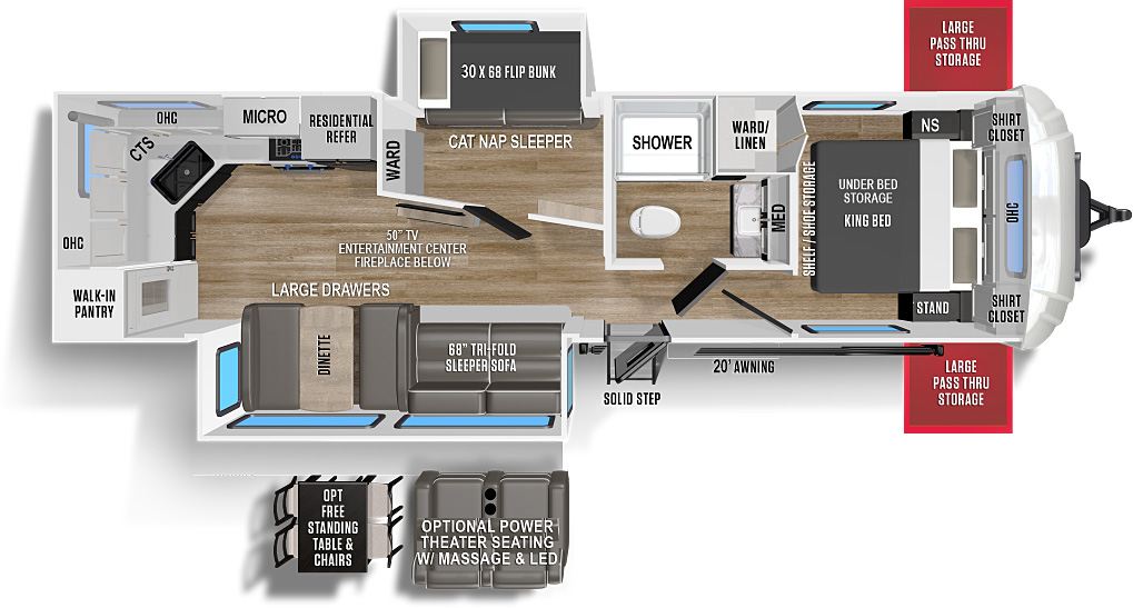 Wildcat Travel Trailers 303MBX floorplan. The 303MBX has 2 slide outs and one entry door.
