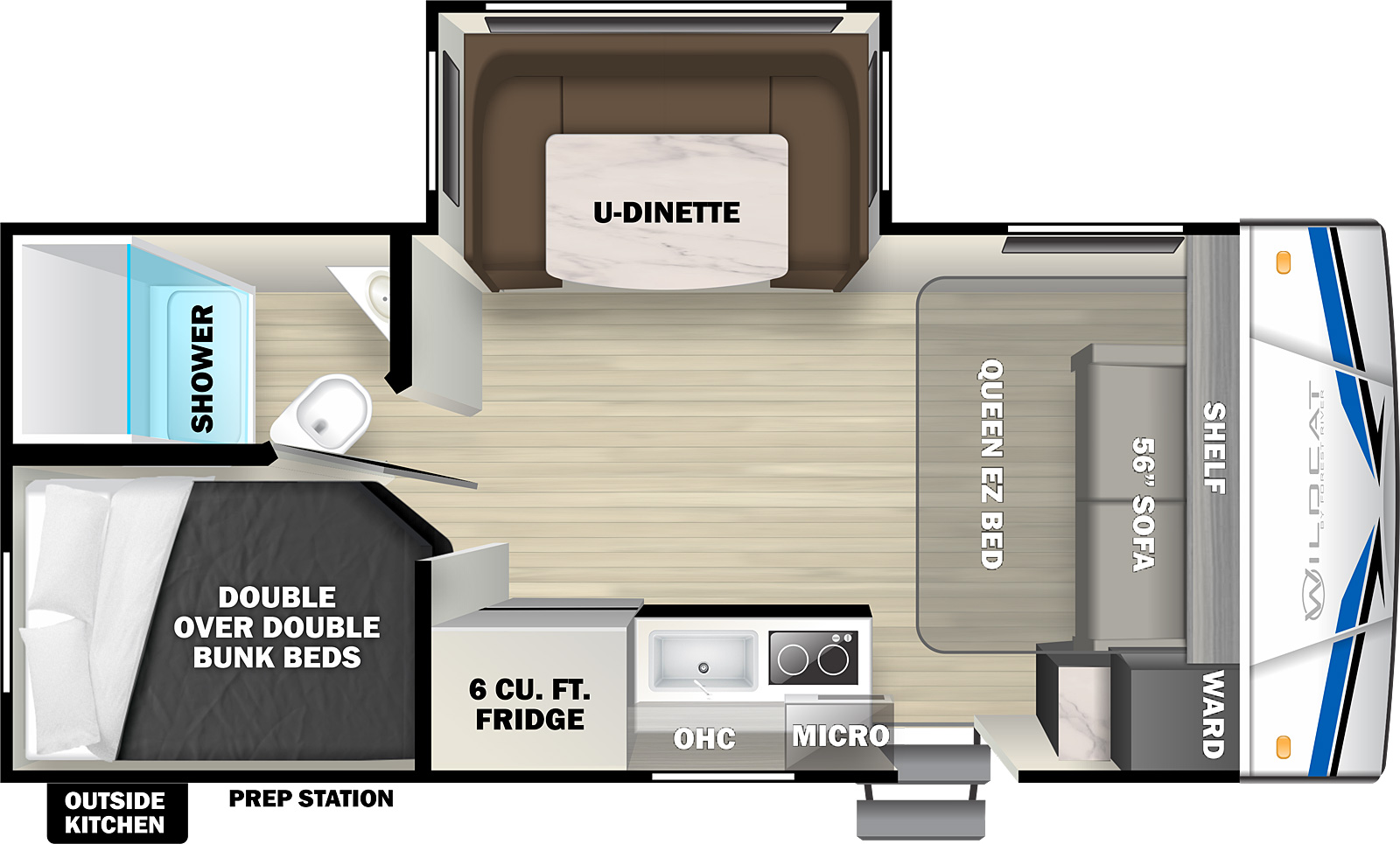 Wildcat Travel Trailers 182DBX floorplan. The 182DBX has one slide out and one entry door.