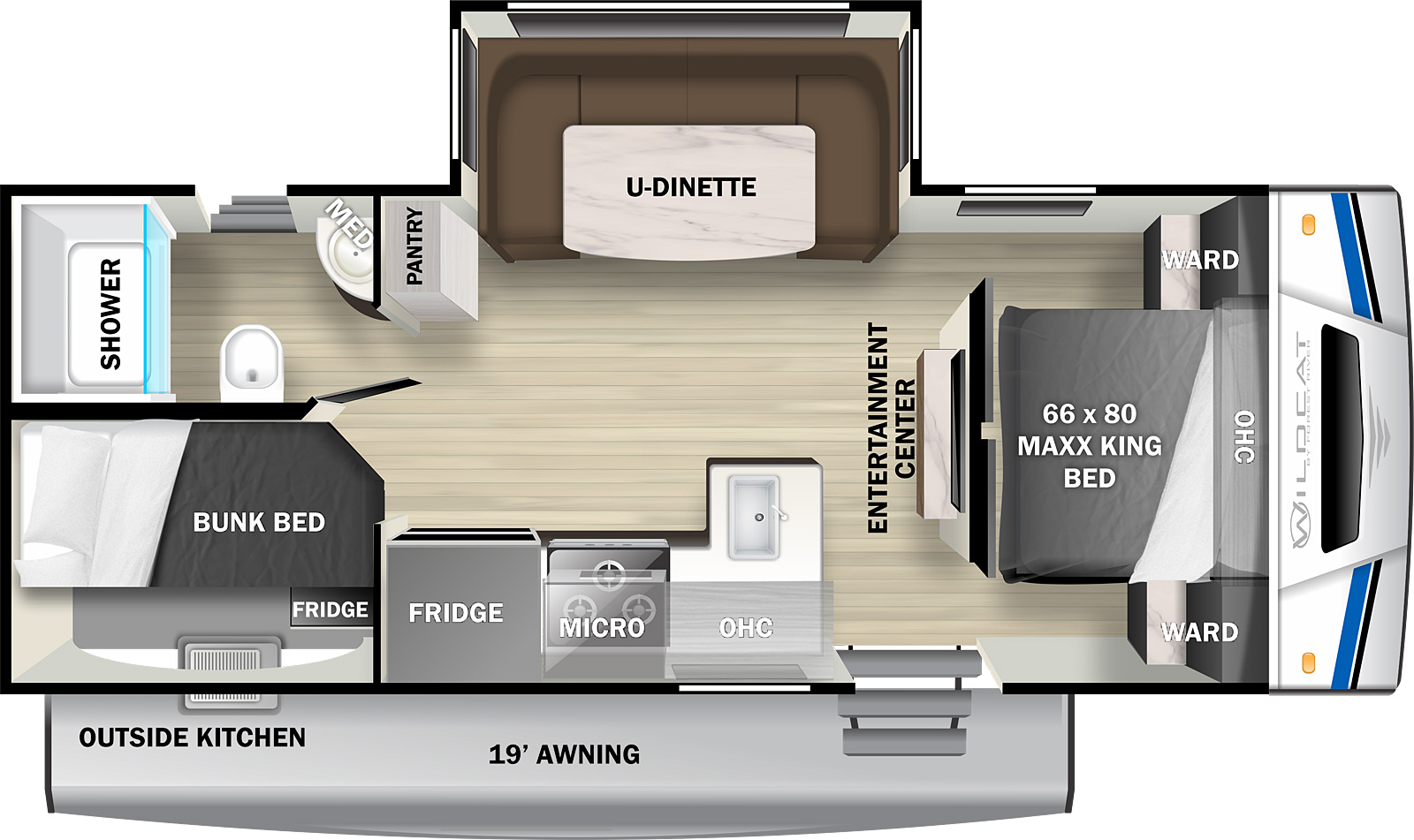 Wildcat Travel Trailers 243DBX floorplan. The 243DBX has one slide out and two plus entry doors.
