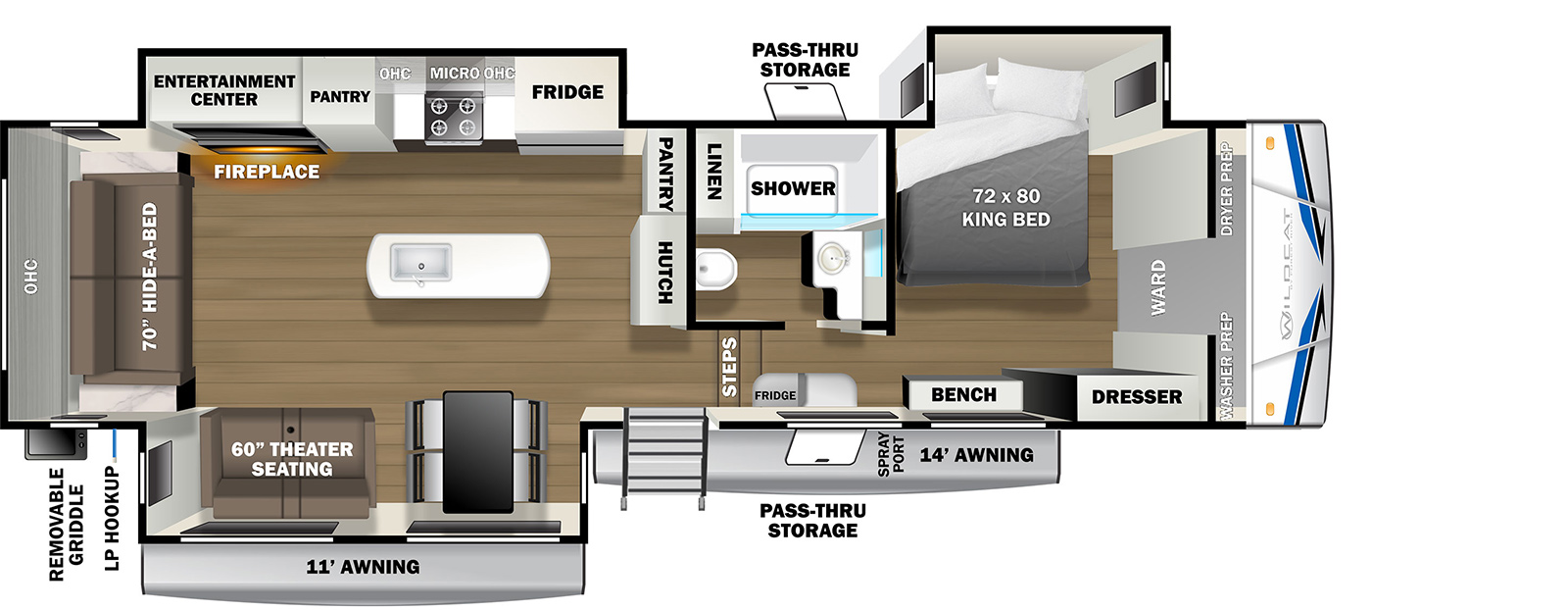 Wildcat Fifth Wheels 333RLBS floorplan. The 333RLBS has 3 slide outs and one entry door.