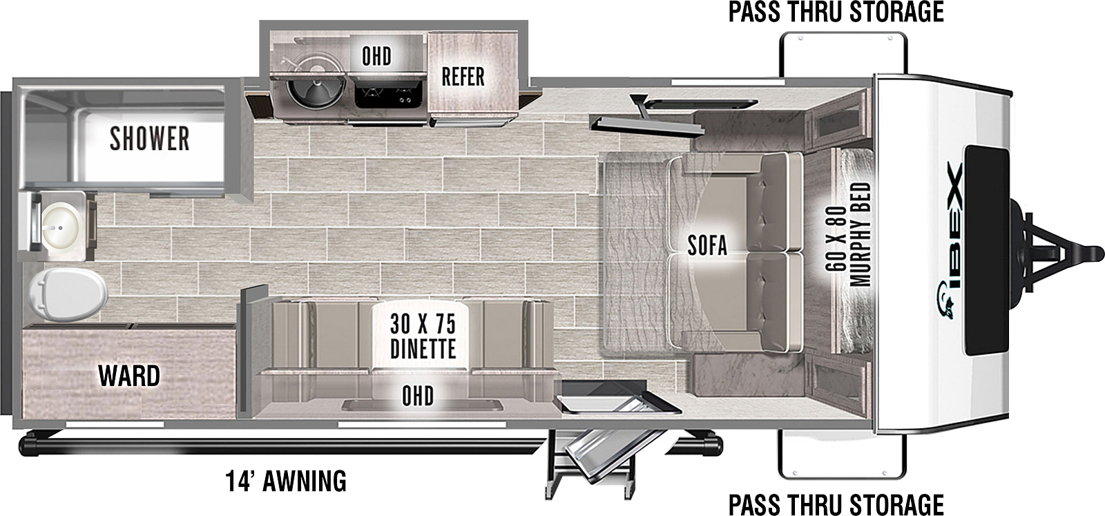 Floorplan image shows a 21 foot, 11 inch long travel trailer with front murphy-type bed and sofa, 30 by 75-inch dinette, kitchen area situated in slideout with cooktop, refrigerator, and sink. Rear bathroom with shower and ward. The exterior features a 14 foot awning and pass thru storage near the front of the trailer. 