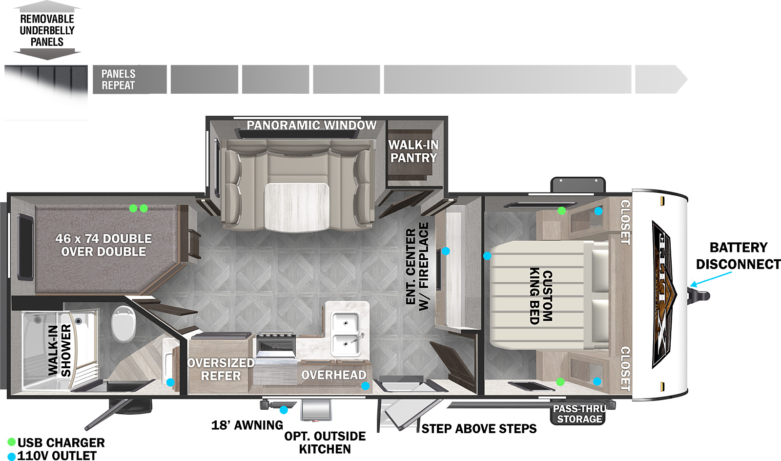 The 240BHXL has one slideout and two entries. Exterior features include an 18 foot awning, optional outside kitchen, step above front entry steps front pass-thru storage, battery disconnect, and removeable underbelly panels. Interior layout front to back: custom king bed with closets on each side; entertainment center with fireplace below along inner wall; off-door side slideout with walk-in pantry, u-dinette and panoramic window; door side entry, and kitchen with peninsula countertop sink, overhead cabinet, and oversized refrigerator; rear off-door side double over double bunk beds; rear door side full bathroom with walk-in shower and second entry.