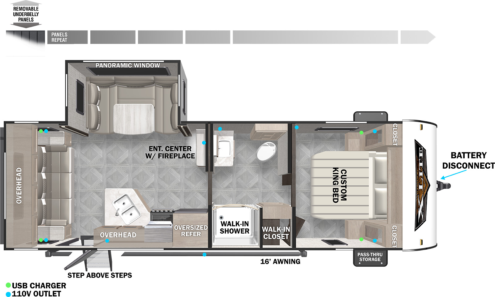 The 24RLXL has one slideout and one entry. Exterior features include step above entry steps, 16 foot awning, front pass-thru storage, battery disconnect, and removeable underbelly panels. Interior layout front to back: front bedroom with custom king bed with closets on each side, and a walk-in closet; split full bathroom with sink and toilet on off-door side and walk-in shower on door side; entertainment center with fireplace along inner wall; off-door side slideout with u-dinette and panoramic window; door side kitchen with oversized refrigerator and overhead cabinet; rear sofa with overhead cabinet next to entry door.