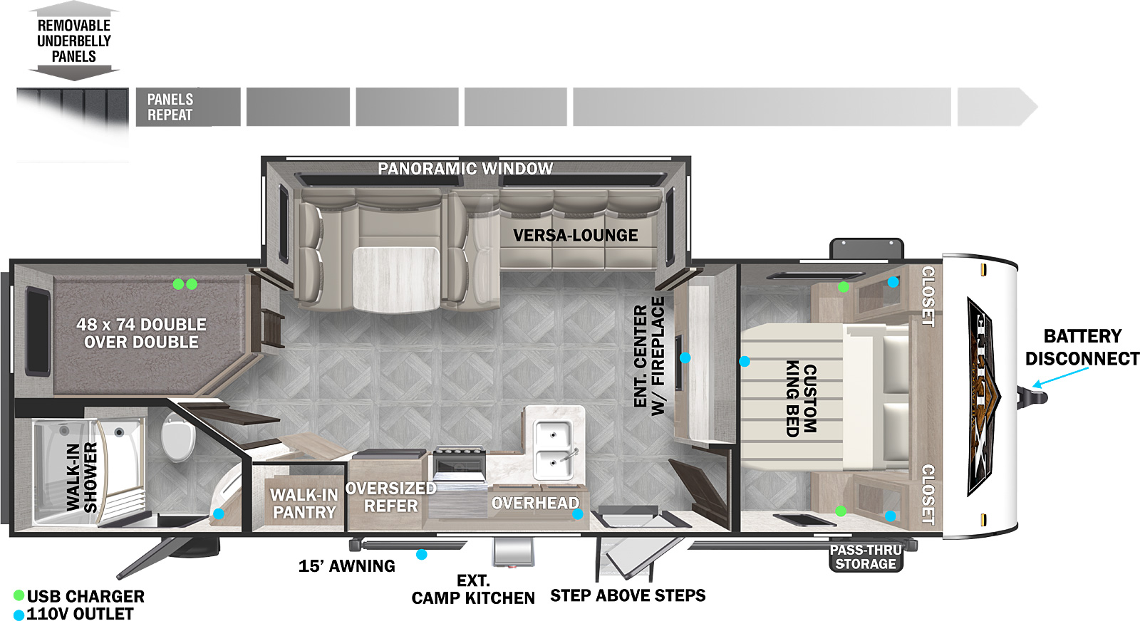 The 263BHXL has one slideout and two entries. Exterior features include a 15 foot awning, exterior camp kitchen, step above front entry steps, front pass-thru storage, battery disconnect, and removeable underbelly panels. Interior layout front to back: custom king bed with closets on each side; entertainment center with fireplace along inner wall; off-door side slideout with versa lounge/u-dinette and panoramic window; door side entry, and kitchen with peninsula countertop sink, overhead cabinets, oversized refrigerator, and walk-in pantry; rear off-door side double over double bunks; rear door side full bathroom with walk-in shower and second entry.