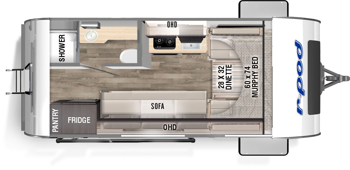 r-pod RP-153 floorplan. The RP-153 has no slide outs and one entry door.