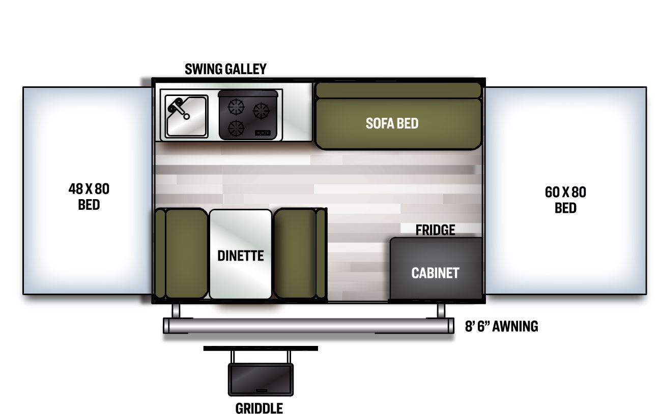 The 207SE has no slide outs and one entry door on the camp side. Exterior features include a 9 foot awning, and a griddle. Interior layout from front to back: tent bed; kitchen living area with sofa bed, cabinet, fridge, camp top stove, sink, and dinette; rear tent bed.