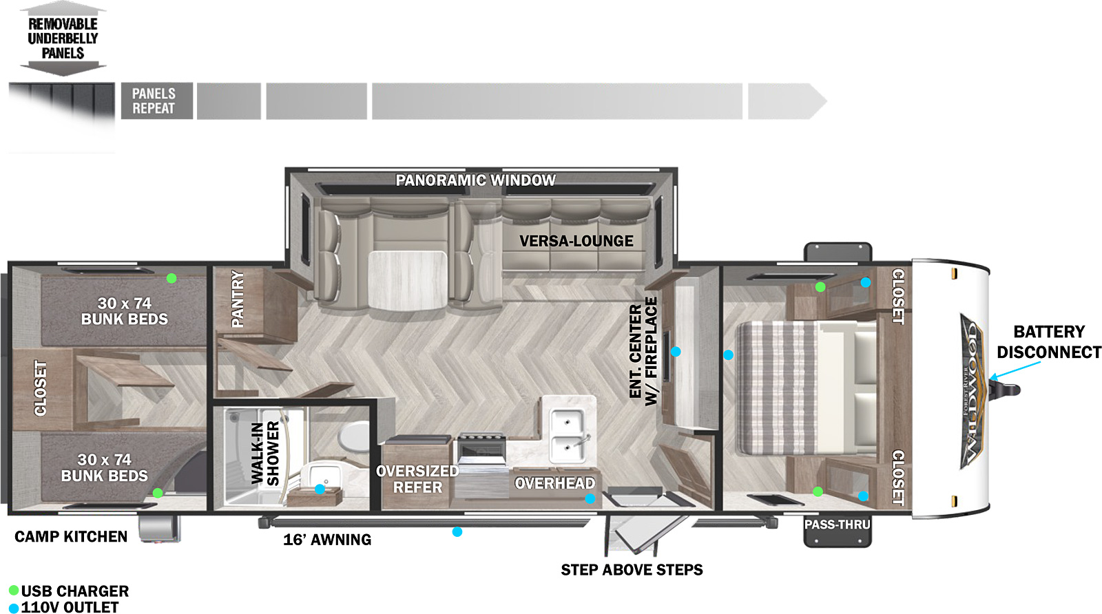 The 282QBXL is a single super slide out floorplan with a 16 foot electric power awning. In the back of the floorplan is the bunk room with two sets of 30 x 74 bunk beds and a large center closet. Just outside the bunk room is the bathroom and pantry. The bedroom features a walk-in shower, toilet, and sink, and linen storage. On the camp-side of the floorplan is the kitchen that has an refrigerator, oven, sink, microwave, and tons of storage. Across from the kitchen is the slide out with the dinette and Versa-Lounge. The Versa-Lounge allows for an eight foot chaise lounge or a traditional U-dinette and sofa set up. Next to the slide out is the entertainment center that has an electric fireplace, soundbar, and TV backer prepped to mount a TV. Lastly, is the front bedroom that includes underbed storage and closets next to the bed that have CPAP storage.