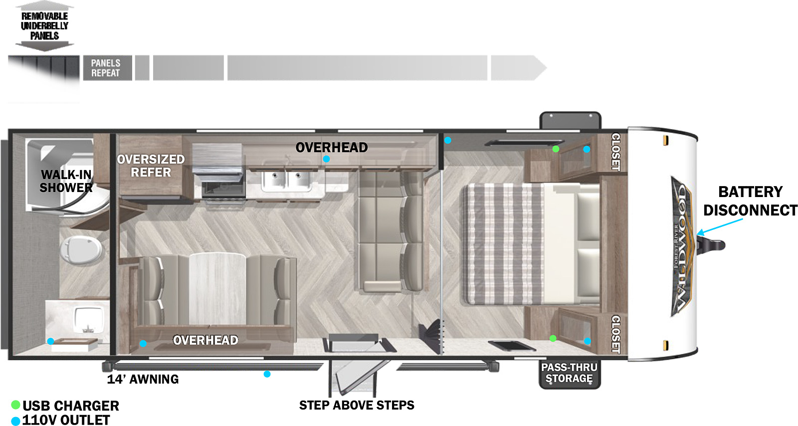The 241QBXL is a no slide floorplan with no shortage of features. The outside features a 14 foot electric power awning. The front of the unit features a bedroom that can be closed off with a easily movable curtain. Next to the bed on both sides are closets that have CPAP storage. In the middle of the unit, there is a sofa directly in front of the entry and next to the kitchen. The dinette is on the camp side of the floorplan and it features storage below, overhead storage, and a camp side window. On the opposite side of the dinette is the kitchen. The kitchen features an oversized refrigerator, over, sink, and overhead storage. In the back of the floorplan is the bathroom with a radius shower, toilet, and sink with linen storage below.