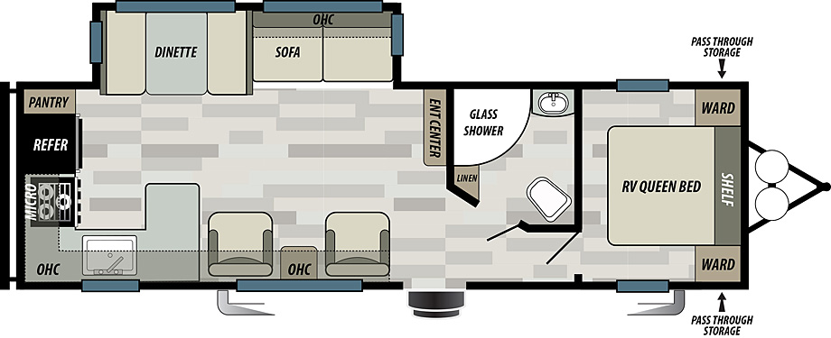 Wildwood Southwest T27RKSS floorplan. The T27RKSS has one slide out and one entry door.