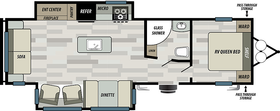 Wildwood Southwest T27REI floorplan. The T27REI has 2 slide outs and one entry door.