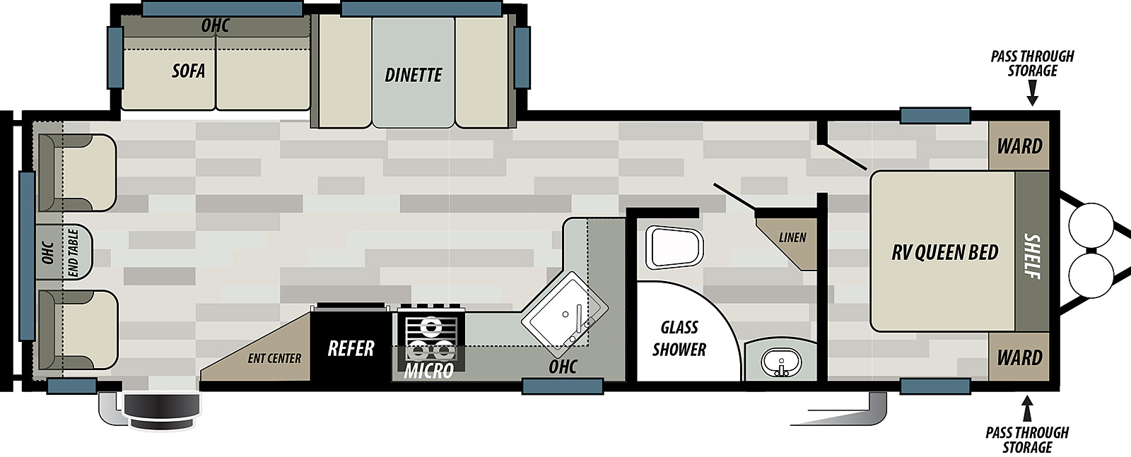 Wildwood Southwest T28RLSS floorplan. The T28RLSS has one slide out and one entry door.