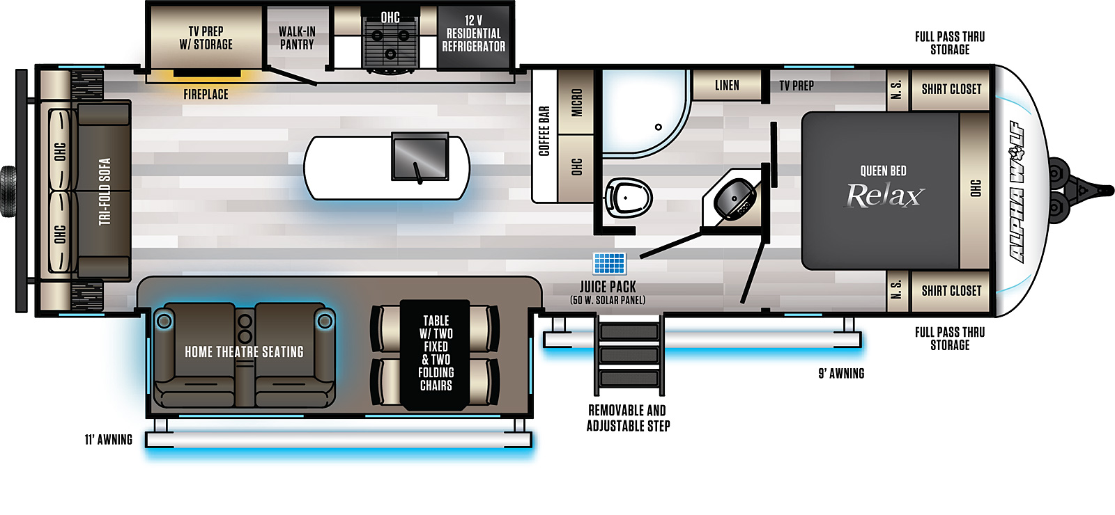 The 26RL-L has two slide outs, one on the off-door side and one on the door side along with one entry door. There is an 11 foot awning on the door side slide out along with a 9 foot awning on the door side over the entry door. There is a full pass through storage at the front of the travel trailer. Interior layout from front to back: front bedroom with foot facing queen bed; side aisle pass-through bathroom; kitchen with kitchen island; door side slide out with home theater seating and table with two fixed and two folding chairs; off-door side slide out with TV prep and storage, walk-in pantry stove top and 12 Volt residential refrigerator; tri-fold sofa on rear wall.
