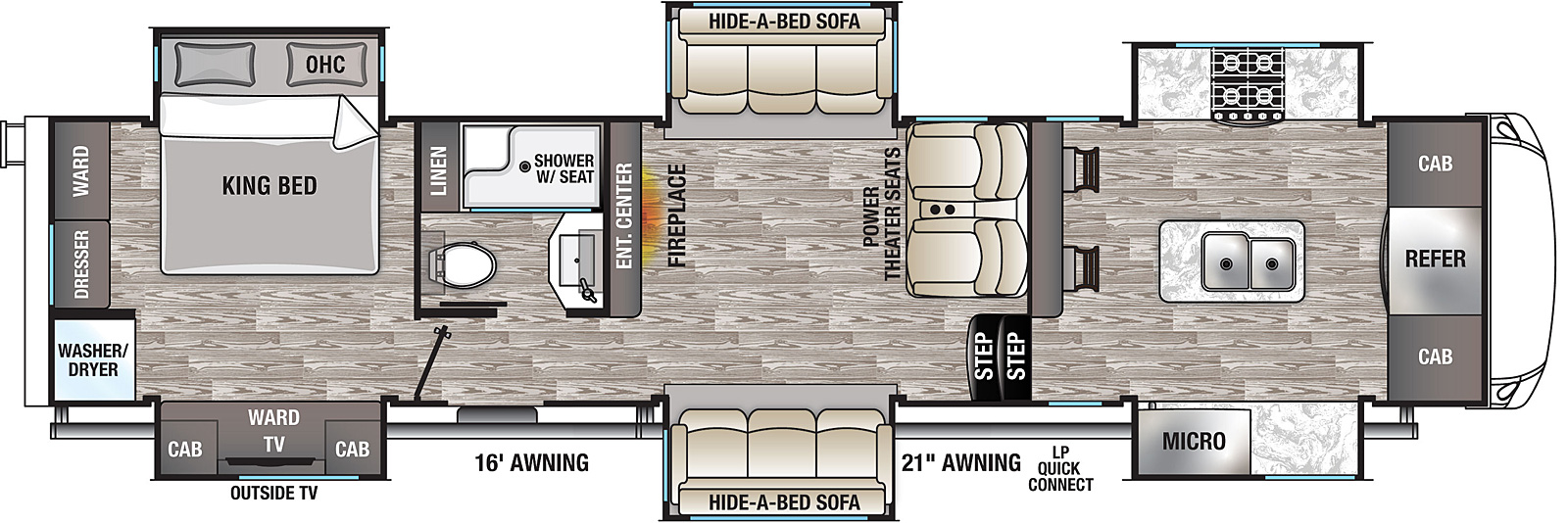 The 38EFK-DSO has 6 slide outs with 3 on each side and 2 entry door. Exterior features include an outside TV, two awnings with one being 16 foot and the other 21 foot, and an LP quick connect. Interior layout from front to back includes: front kitchen in the upper deck with refrigerator and cabinets along the front wall, off-door side slide out holding stovetop and counter space, off-door side slide out holding microwave and counter space, kitchen island with double basin sink, and rear facing bar with barstools; living area with opposing side slide outs each holding a hide-a bed sofa; rear facing entertainment center with fireplace; off-door side side aisle bathroom with shower w/seat, toilet, linen storage, sink and overhead cabinets; rear bedroom with king bed in off-door side slide out; door side slide out across from bed with cabinets, TV and wardrobes; rear wall includes washer/dryer, dresser and wardrobe.