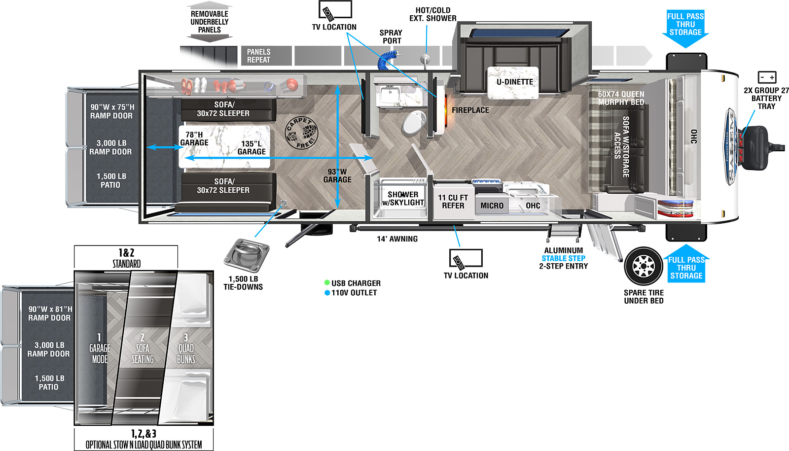 Salem FSX 280RT floorplan. The 280RT has one slide out and two plus entry doors.