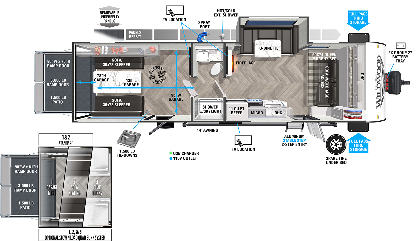 Wildwood FSX 280RT floorplan. The 280RT has one slide out and two plus entry doors.