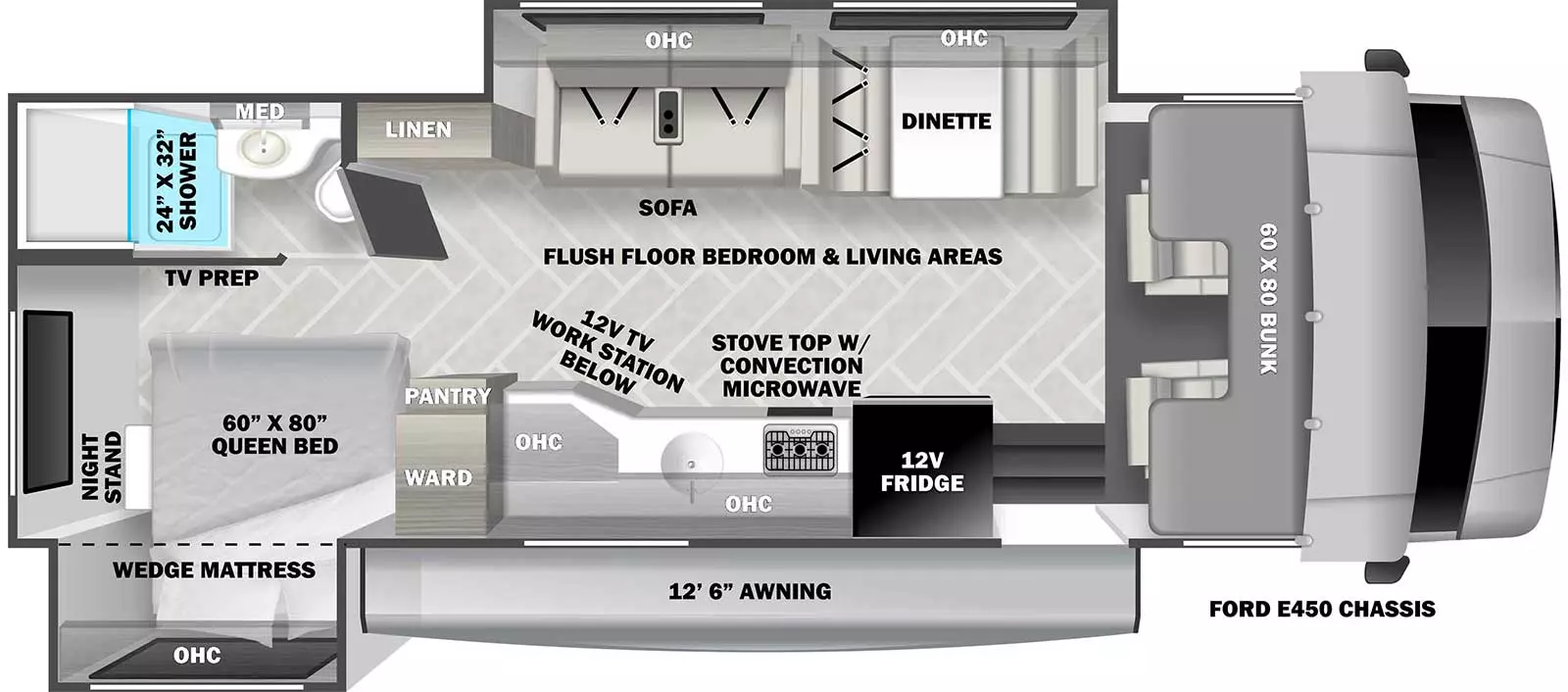 The 2551DSLE has 2 slide outs, 1 on the off-door side and 1 on the door side. Exterior features include a 12 ft. 6 in. awning and it is built on the Ford E-450 chassis.  Interior layout from front to back includes: front 60 x 80 cab over bunk; off-door side slide out holding a sofa, overhead cabinet and dinette; door side kitchen with an overhead cabinet, 12V TV with workstation below, sink, stovetop with convection microwave and 12V refrigerator; off-ddor side linen storage; rear off-door side corner bathroom with 24 x 32 shower, toilet, sink and medicine cabinet; door side corner bedroom with 60 x 80 Queen bed with wedge mattress, overhead cabinet and wardrobe.