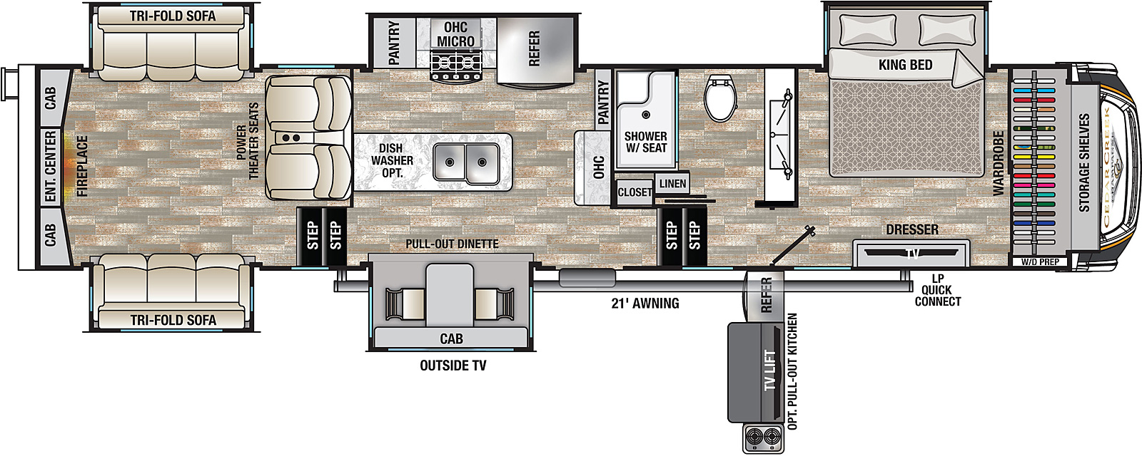 The 38ERD offers five slides, three on the off-door side and two on the door side. The front king bedroom features a wardrobe with additional shelving, dresser, and TV. The bathroom features a unique two-faucet sink with large vanity, linen closet, commode, and walk-in shower with seat. The central kitchen includes two pantries, large refrigerator, microwave, cooktop with oven, and a pull-out dinette with two chairs. The rear living area faces a large entertainment center with fireplace and provides two tri-fold sofas and power theater seats. Because the living room is a raised space, there is additional cargo room beneath, accessible from the outside. There is also an option to include a pull-out outdoor kitchen with a refrigerator, lift TV, and cooktop.  