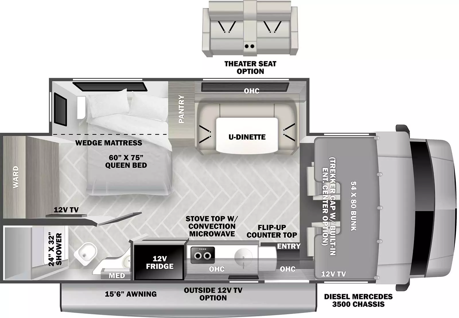 The 2401B has 1 slide out on the off-door side. Exterior features include a 15 ft. 6 in. awning and an optional outside 12V TV. This floorplan is built on the diesel Mercedes 3500 chassis. Interior layout from front to back includes: front 54 x 80 cab over bunk with 12V TV (Optional Trekker Cab with built-in entertainment center in place of bunk); off-door side slide out holding a 60 x 75 Queen bed with wedge mattress, pantry, overhead cabinet and U-dinette (Optional theater seat in place of dinette)'; door side kitchen with 12V refrigerator, stovetop with convection microwave, overhead cabinet, sink and flip up extension; rear door side corner bathroom with 24 x 32 shower, toilet , medicine cabinet and sink; off-door side corner bedroom with rear wall wardrobe, 12V TV and previously mentioned 60 x 75 Queen bed with wedge matteress in the slide out.