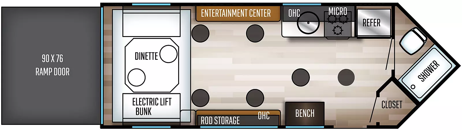 The 17TH has no slide outs and entry points include a rear ramp door and door side entry door near the front of the travel trailer. Interior layout from front to back: V nose front with toilet, shower and closet; off-door side kitchen countertop featuring a single basin sink ,overhead cabinet, overhead microwave, cook top stove and refrigerator; bench across from the kitchen countertop; 8 fish holes in the floor; entertainment center on the off-door side; rod storage and overhead cabinet on the door side; and dinette under electric lift bunk in the rear.